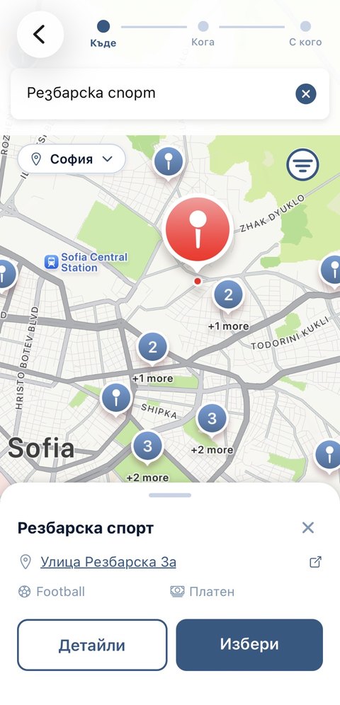 Map of nearby sports venues with a selected partner venue ready to book